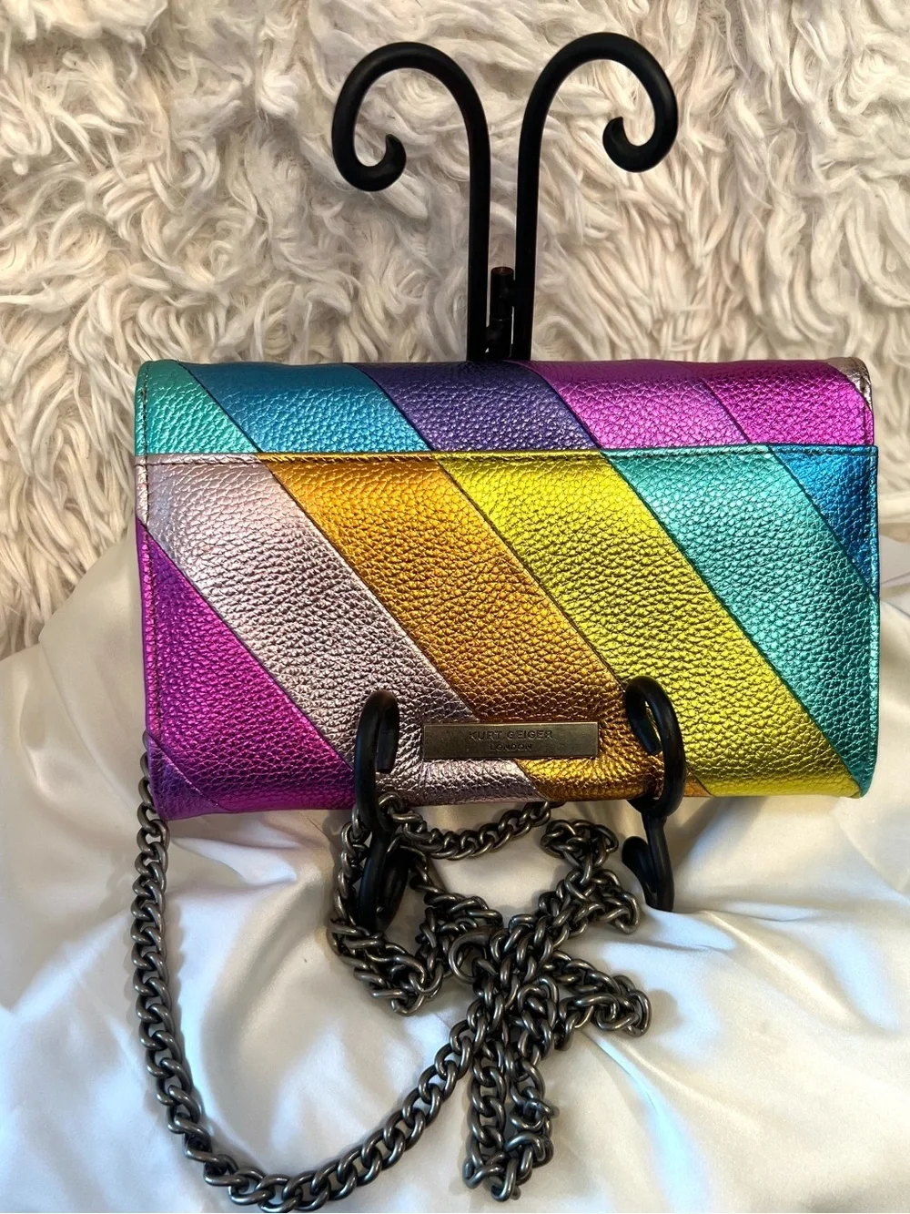 💜Kurt Geiger London rainbow-stripe metallic clutch wallet bag💜NWT
